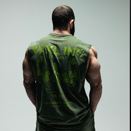 "Profile Logo" Box cut Stonewash Sleeveless T - Olive
