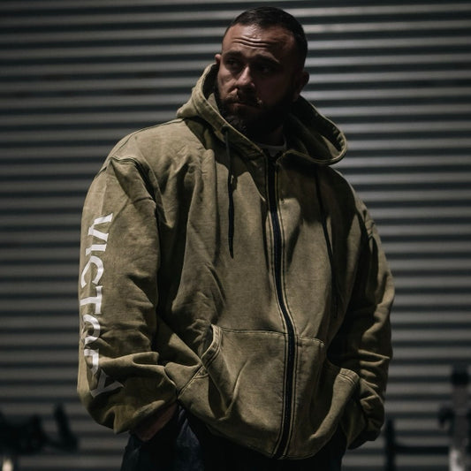 "Victory" Oversized Zip Hood - Stonewash Olive