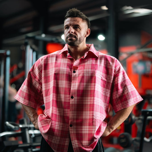 "Be Legendary" Oversized Muscle Shirt - Pink Plaid