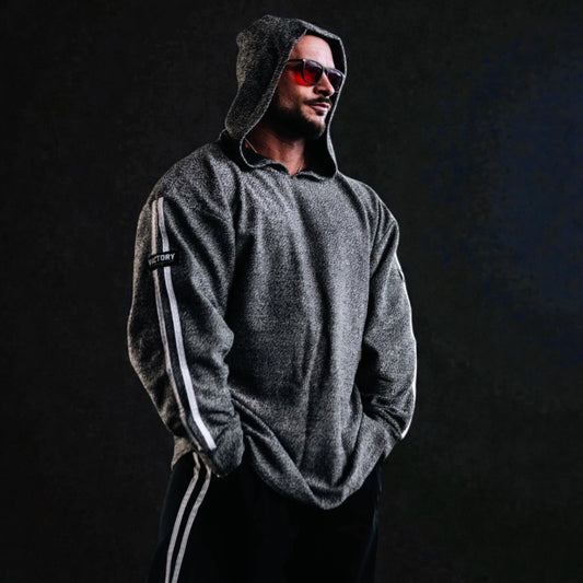 "Victory" 2 stripe Towelling Hoodie - Grey fleck