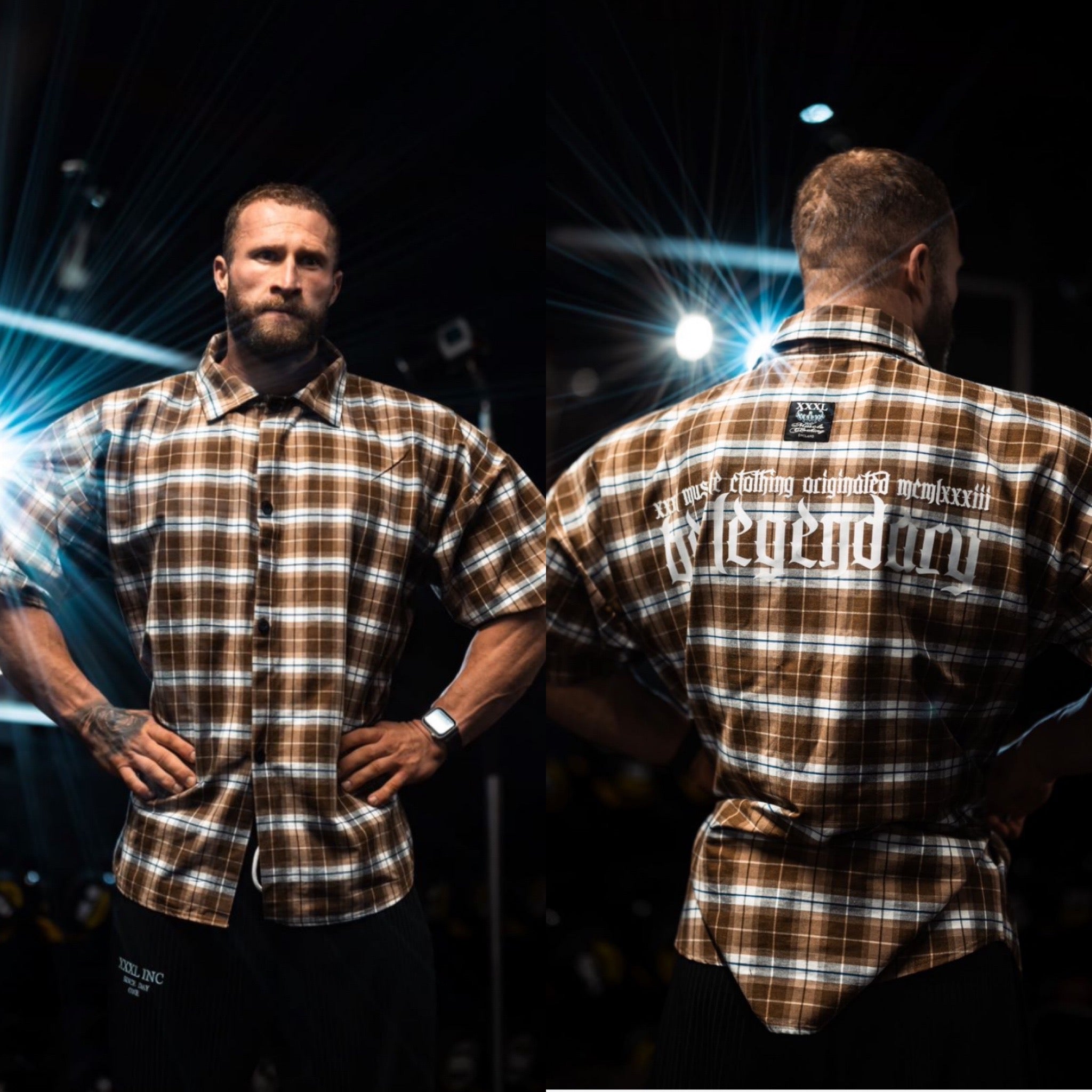 "Be Legendary" Oversized Muscle Shirt  Brown/Black Plaid