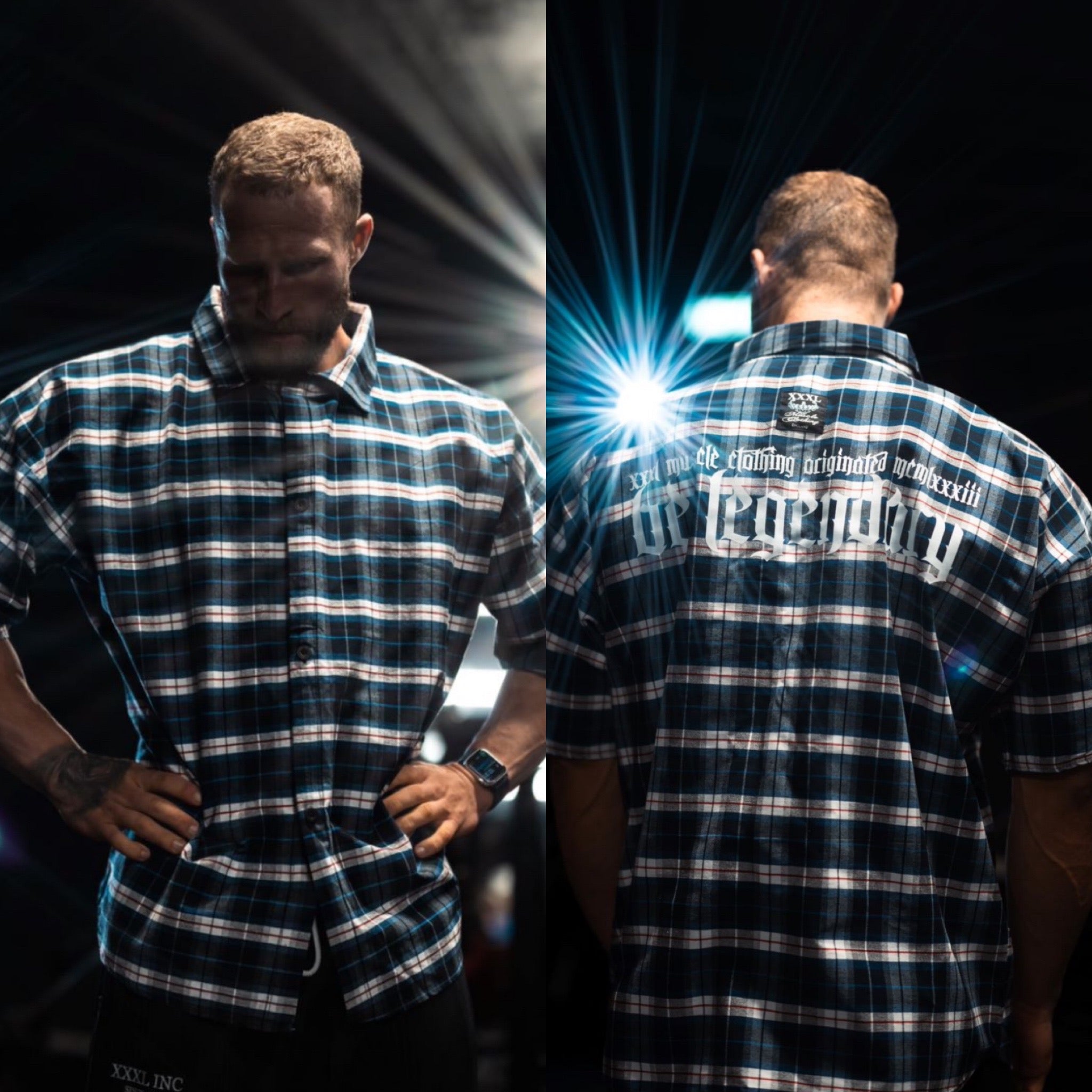 "Be Legendary" Oversized Muscle Shirt  Blue/White Plaid