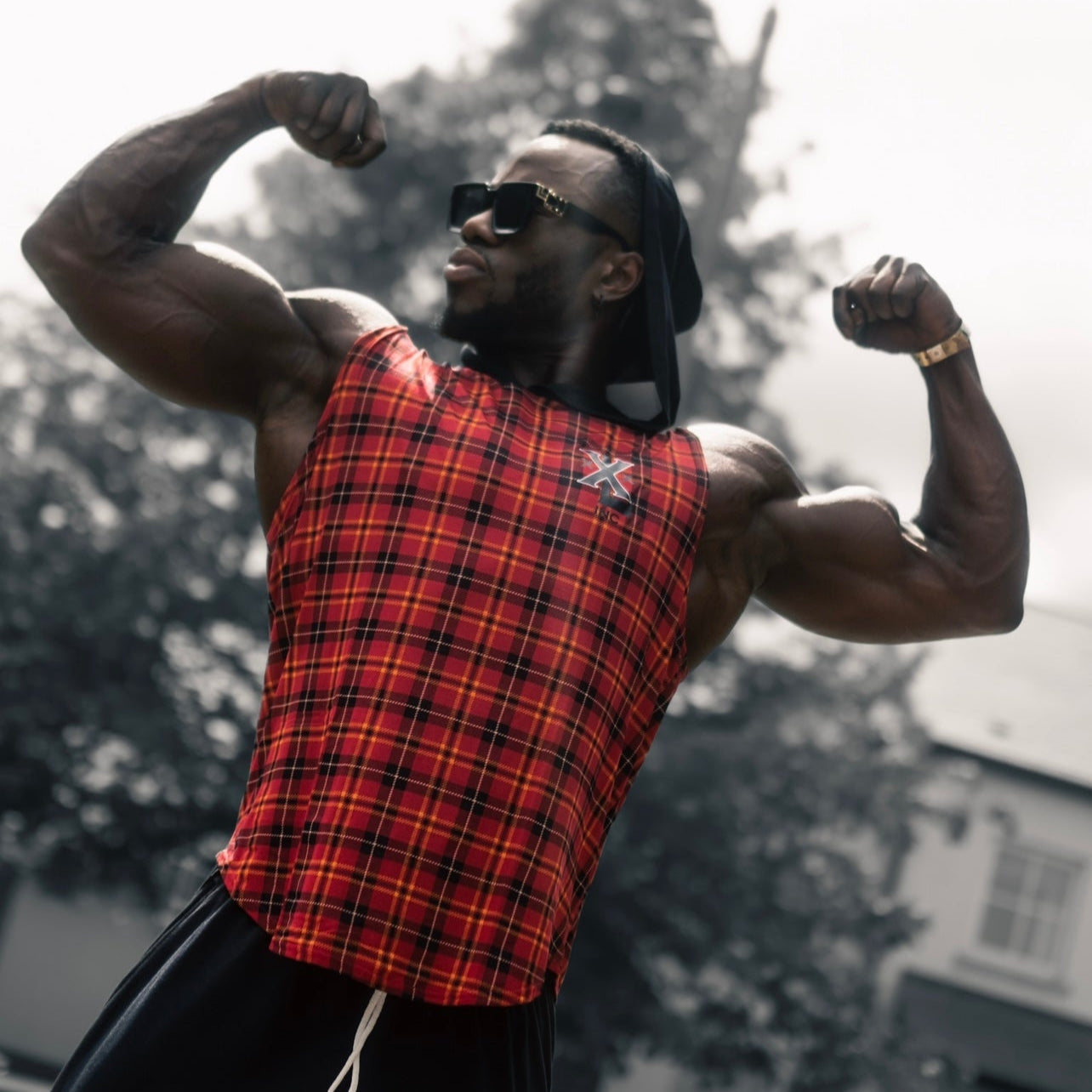 Hooded Muscle Cut T - Red/Yellow Plaid