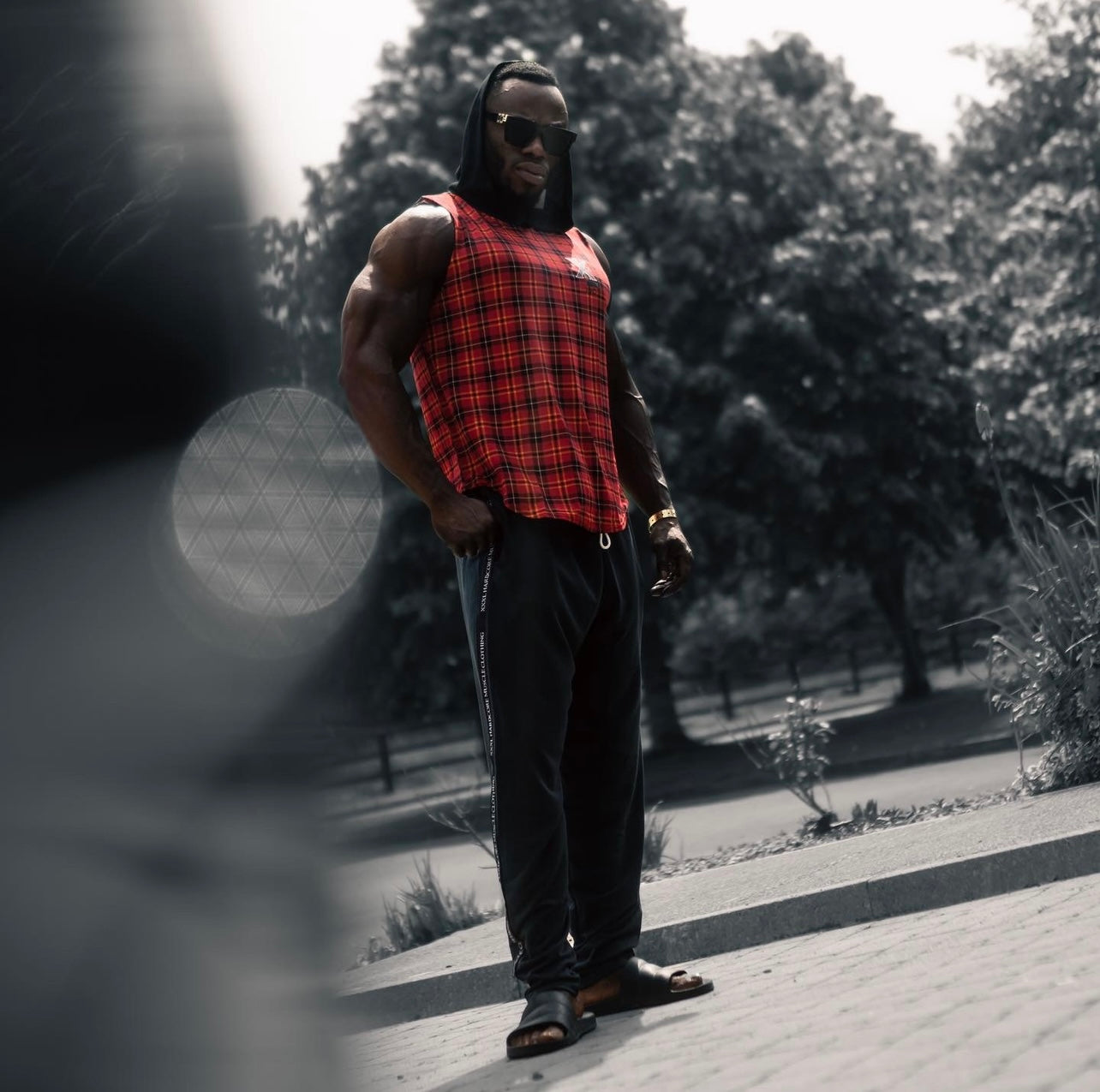 Hooded Muscle Cut T - Red/Yellow Plaid