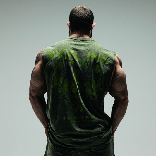 "Profile Logo" Box cut Stonewash Sleeveless T   - Olive