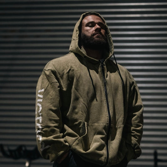 "Victory" Oversized Zip Hood  - Stonewash Olive