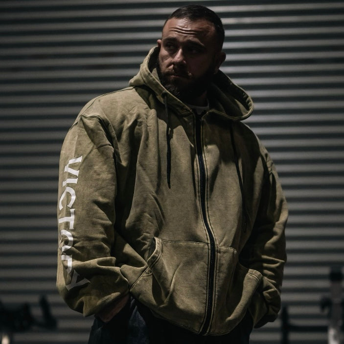 "Victory" Oversized Zip Hood  - Stonewash Olive