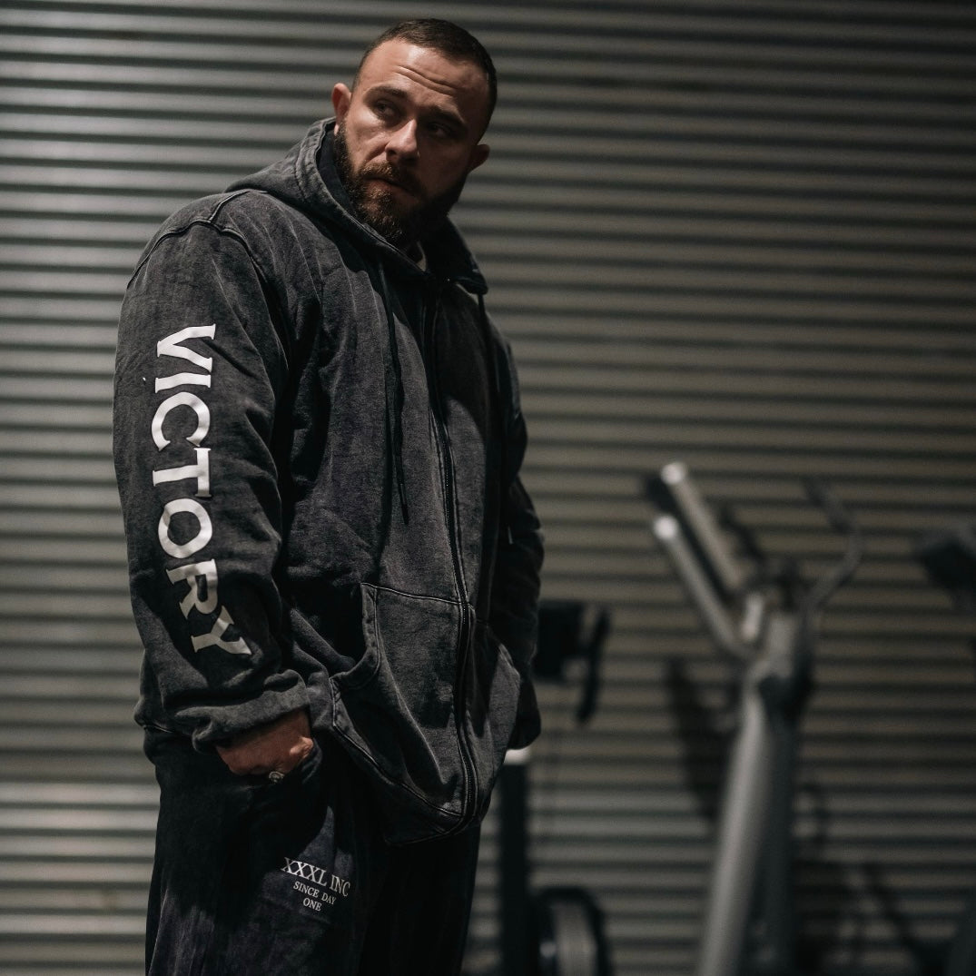 "Victory" Oversized Zip Hood  - Stonewash Black