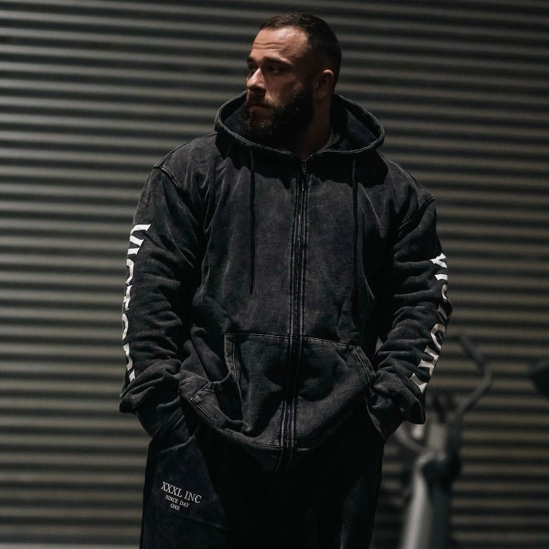 "Victory" Oversized Zip Hood  - Stonewash Black