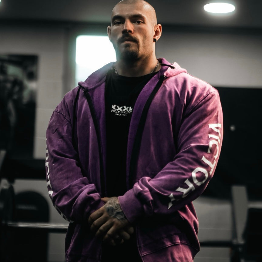 "Victory" Oversized Zip Hood  - Stonewash Berry