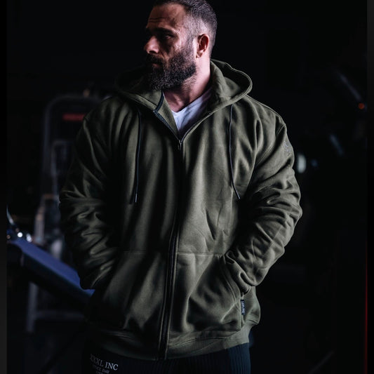 "Bodybuilder" 400gsm 100% Cotton Zip Hoodie - Olive