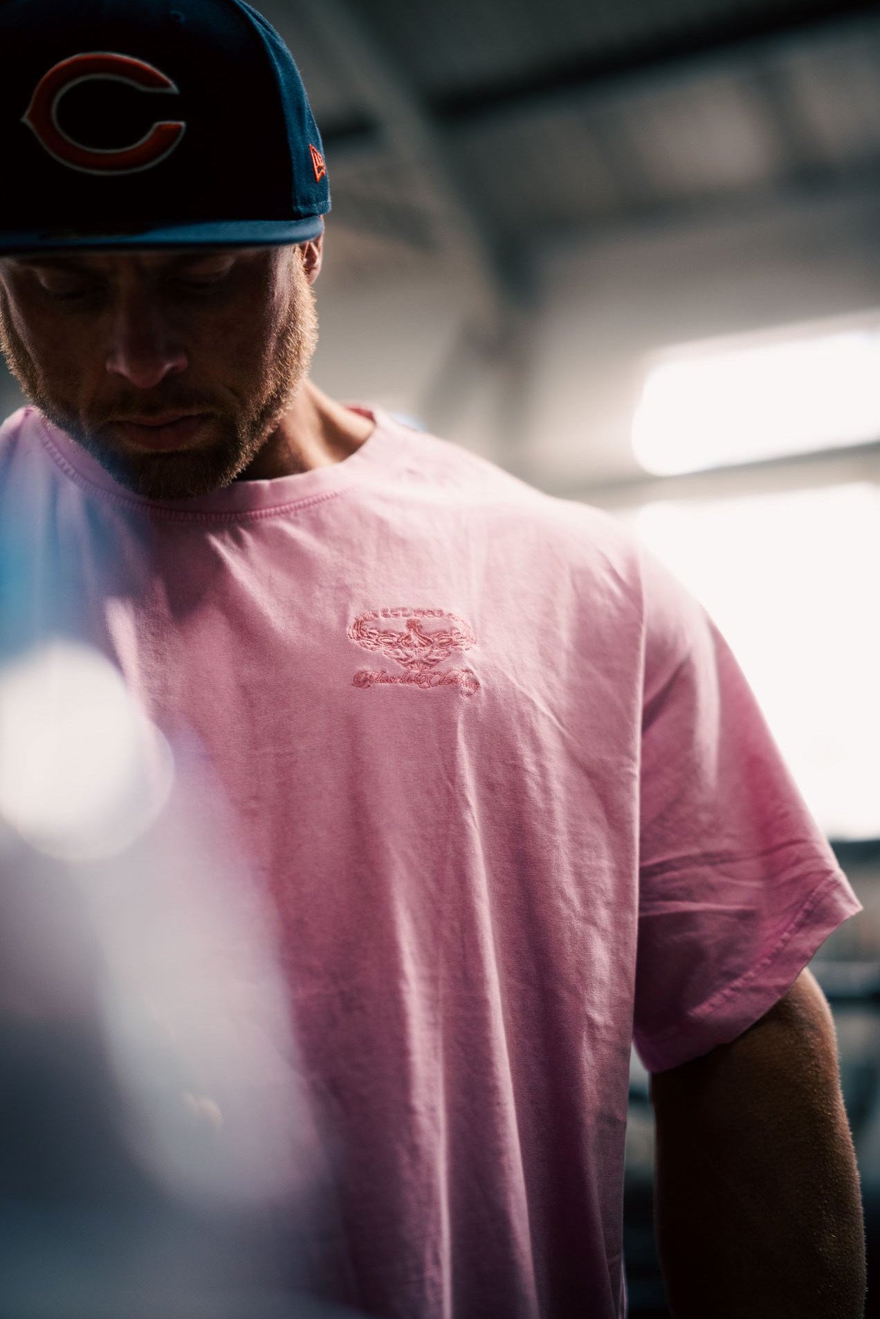 MENS - "Embroidered profile" Supersized T Shirt - Acid washed Soft Pink