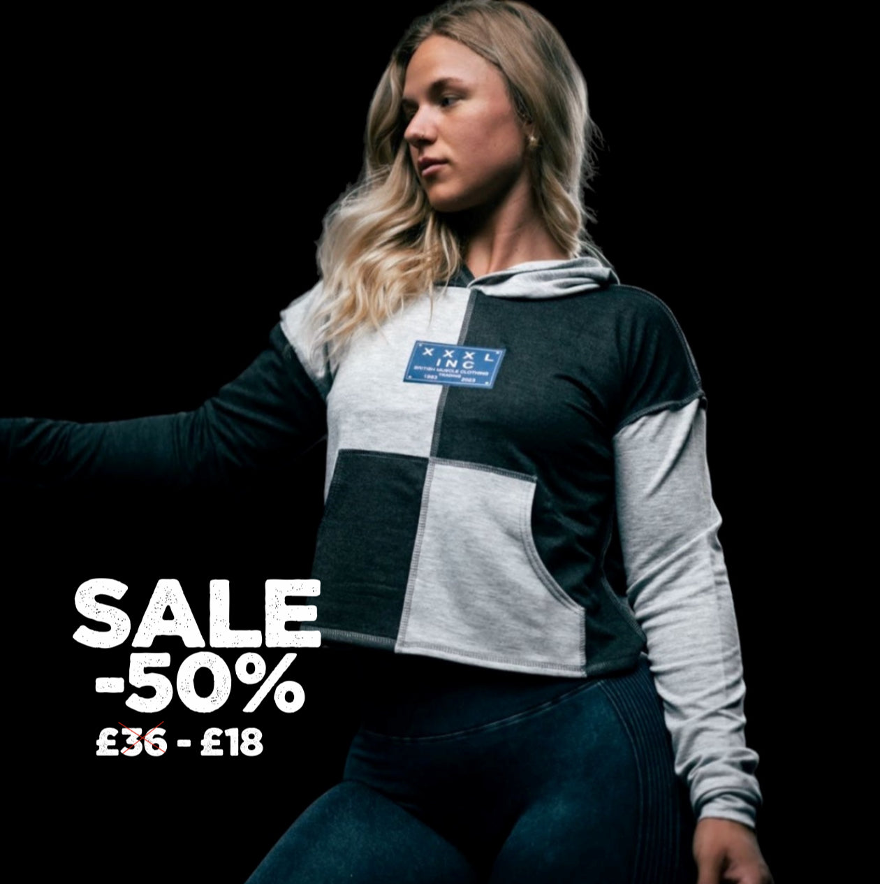 "Embroidered XXXL Inc"Ladies Cropped Hoodie- 2 Tone Grey/Black