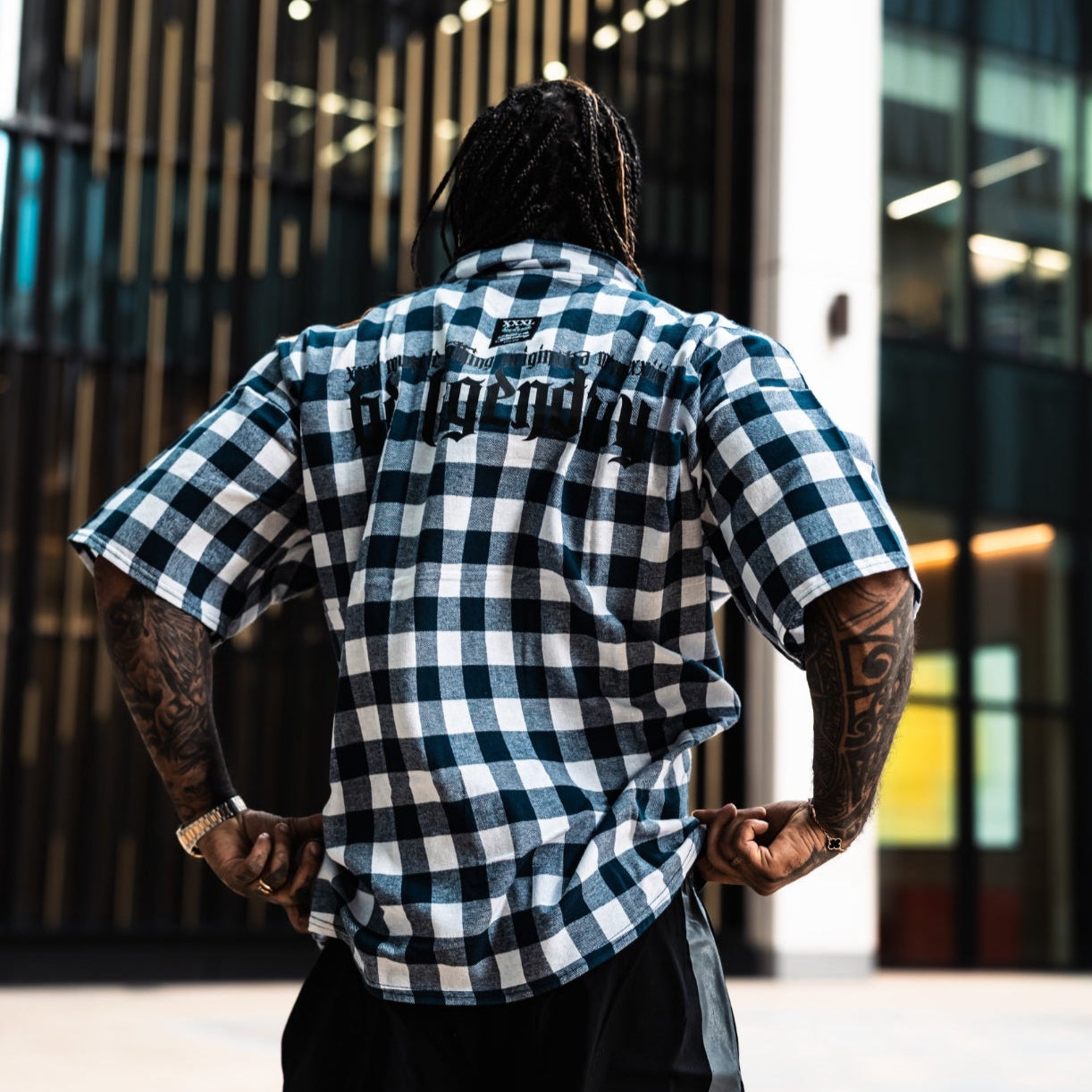 "Be Legendary" Oversized Muscle Shirt -Navy Plaid