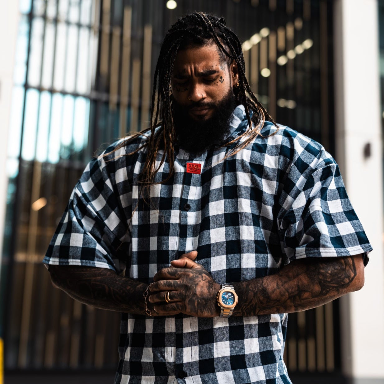 "Be Legendary" Oversized Muscle Shirt -Navy Plaid