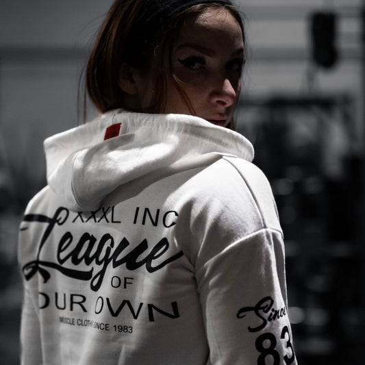 ”League Of Our Own” Ladies Hooded Crop Sweat - White