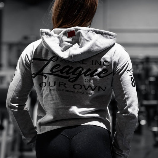 ”League Of Our Own” Ladies Hooded Crop Sweat - Ash Grey