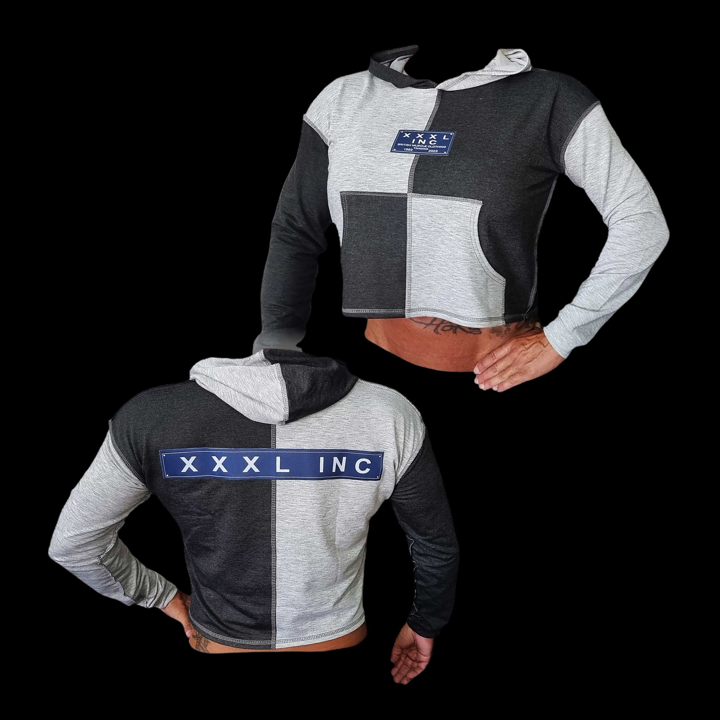 "Embroidered XXXL Inc"Ladies Cropped Hoodie- 2 Tone Grey/Black