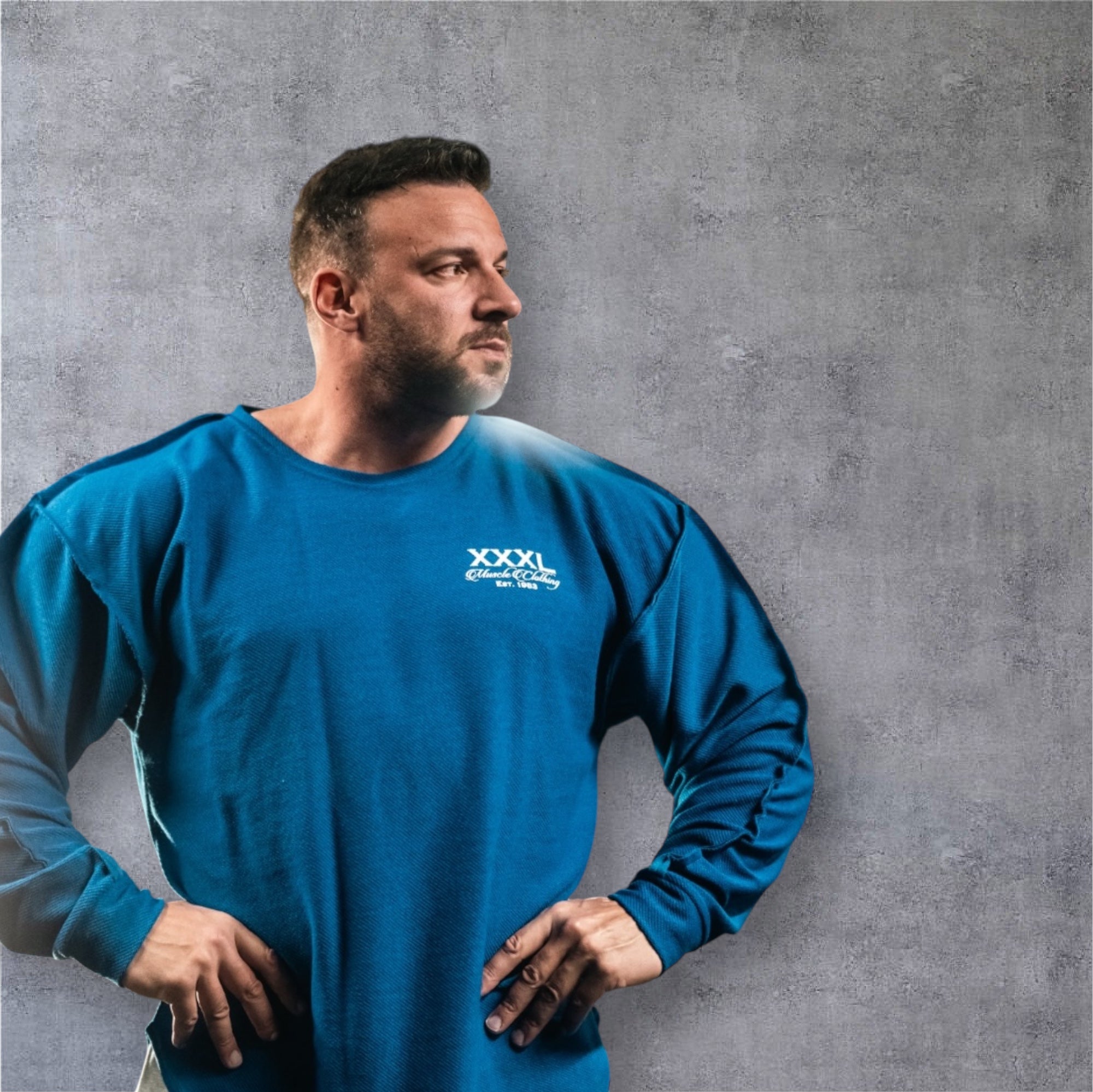 "Profile" Rough Cut, Open Neck Sweatshirt- Ocean Blue