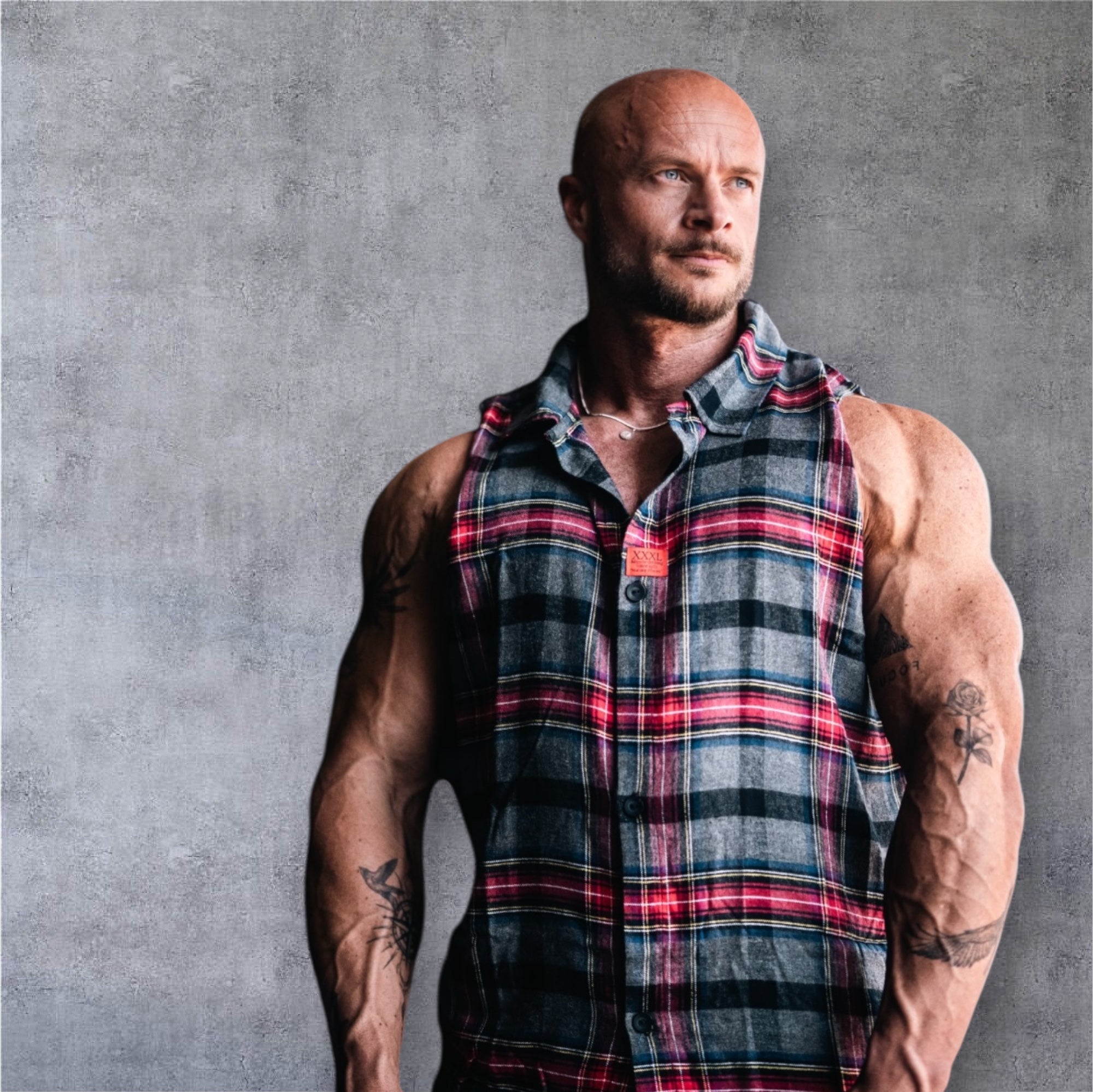 "Woven Badged" Oversized Sleeveless Muscle Shirt- Grey/Red Plaid