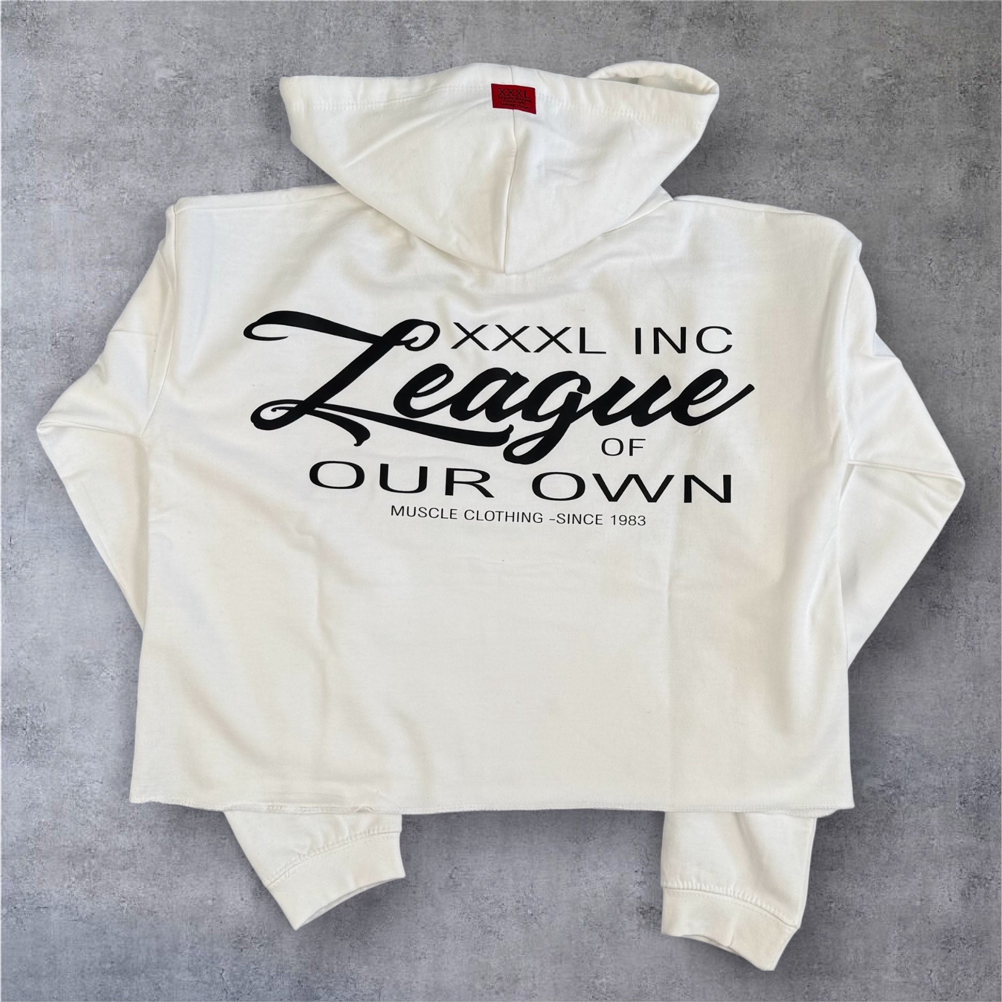”League Of Our Own” Ladies Hooded Crop Sweat - White