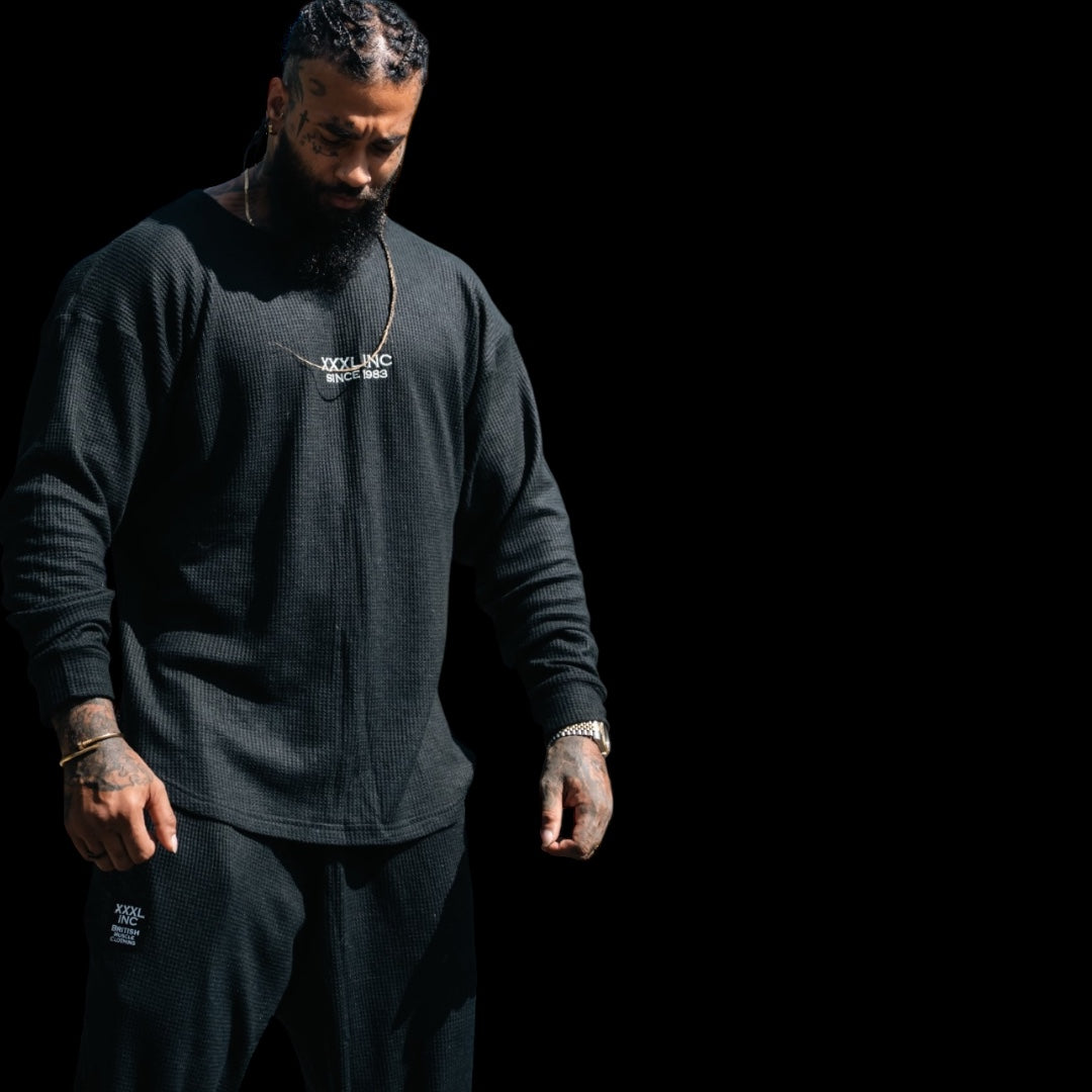 "Low Key XXXL embroidered" Stretch Thermal Waffle Sweat -Black