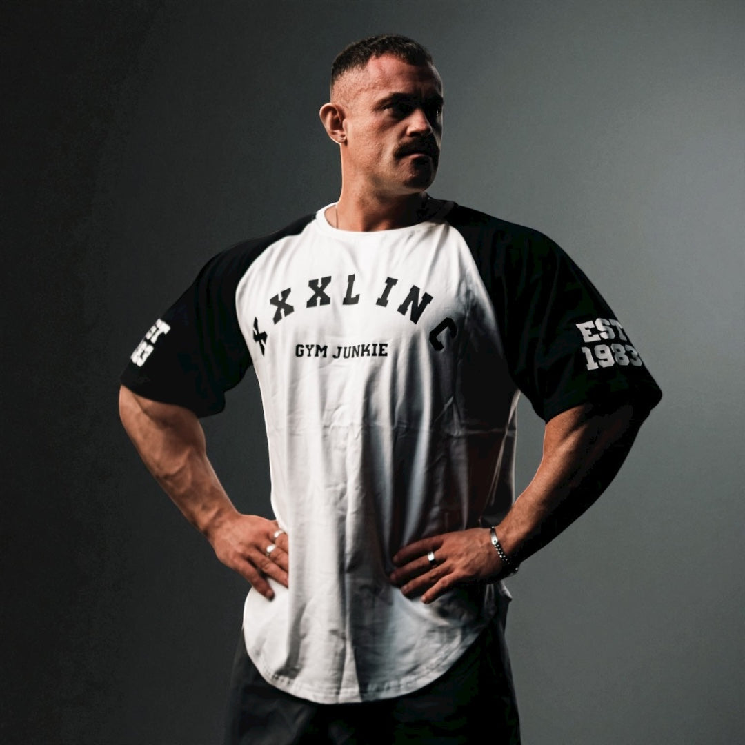 "GYM JUNKIE " Old School Varsity Ragtop -Black/White