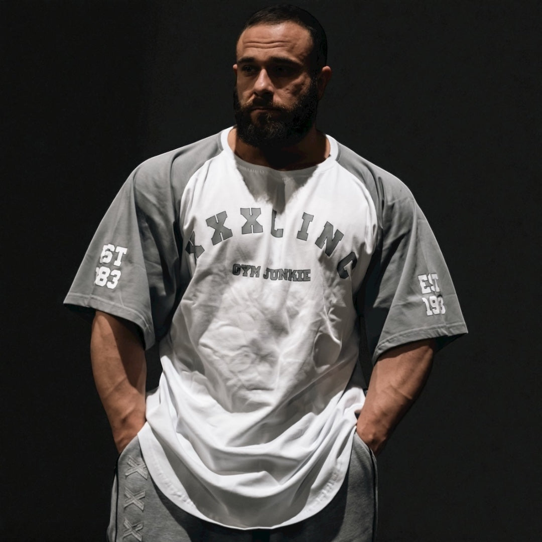 "GYM JUNKIE " Old School Varsity Ragtop - Grey/White