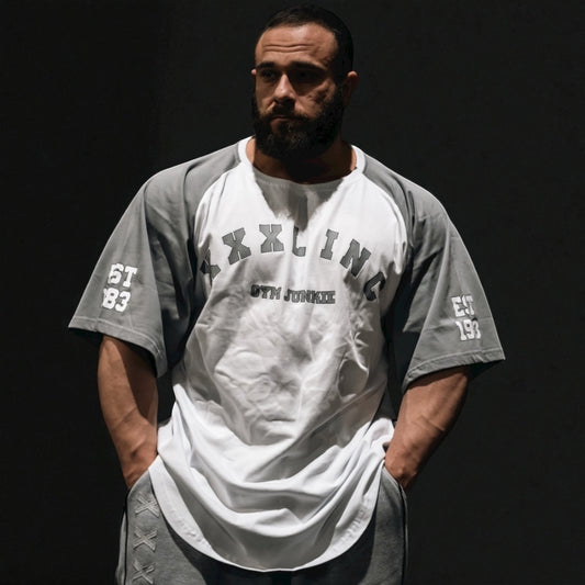 "GYM JUNKIE " Old School Varsity Ragtop - Grey/White