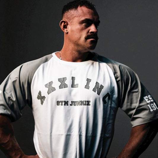 "GYM JUNKIE " Old School Varsity Ragtop - Grey/White