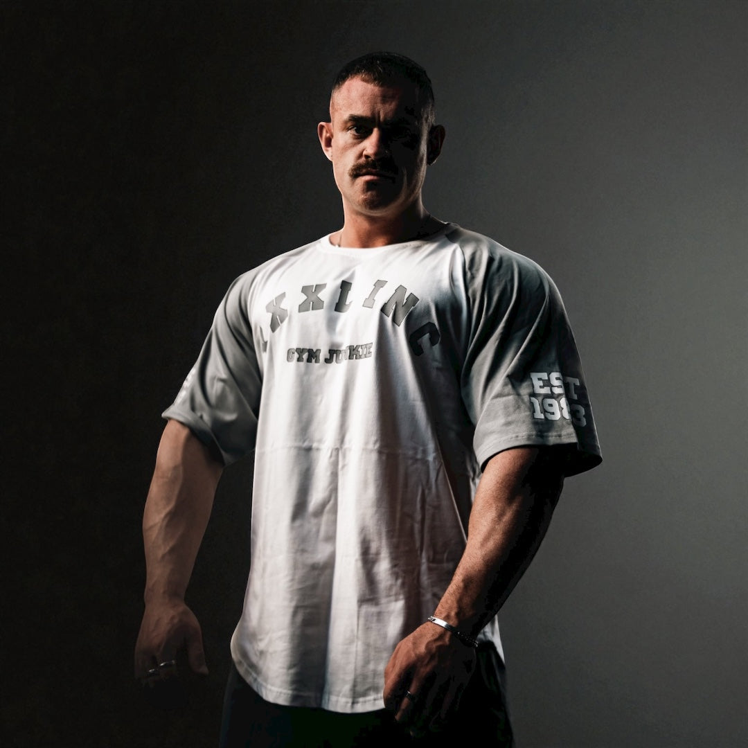 "GYM JUNKIE " Old School Varsity Ragtop - Grey/White