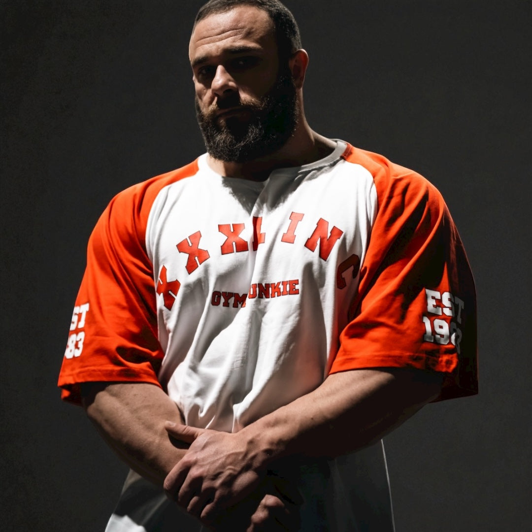 "GYM JUNKIE " Old School Varsity Ragtop - Red/White