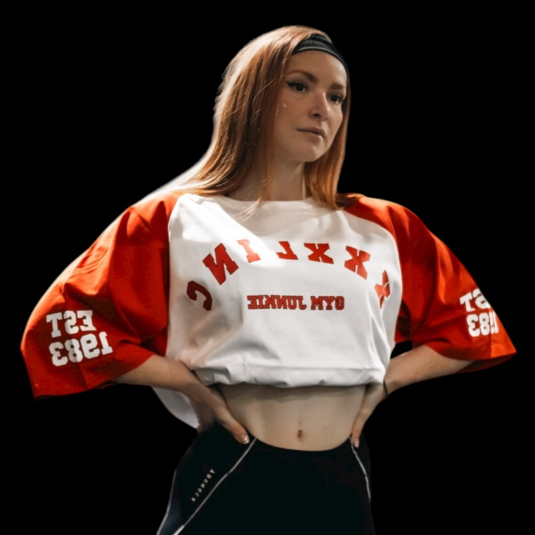 "GYM JUNKIE " Old School Varsity Ragtop - Red/White