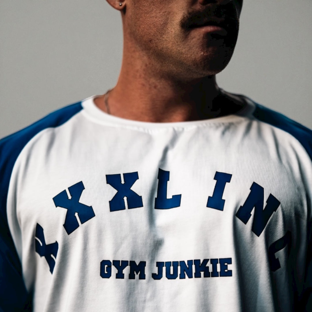 "GYM JUNKIE " Old School Varsity Ragtop - Blue/White