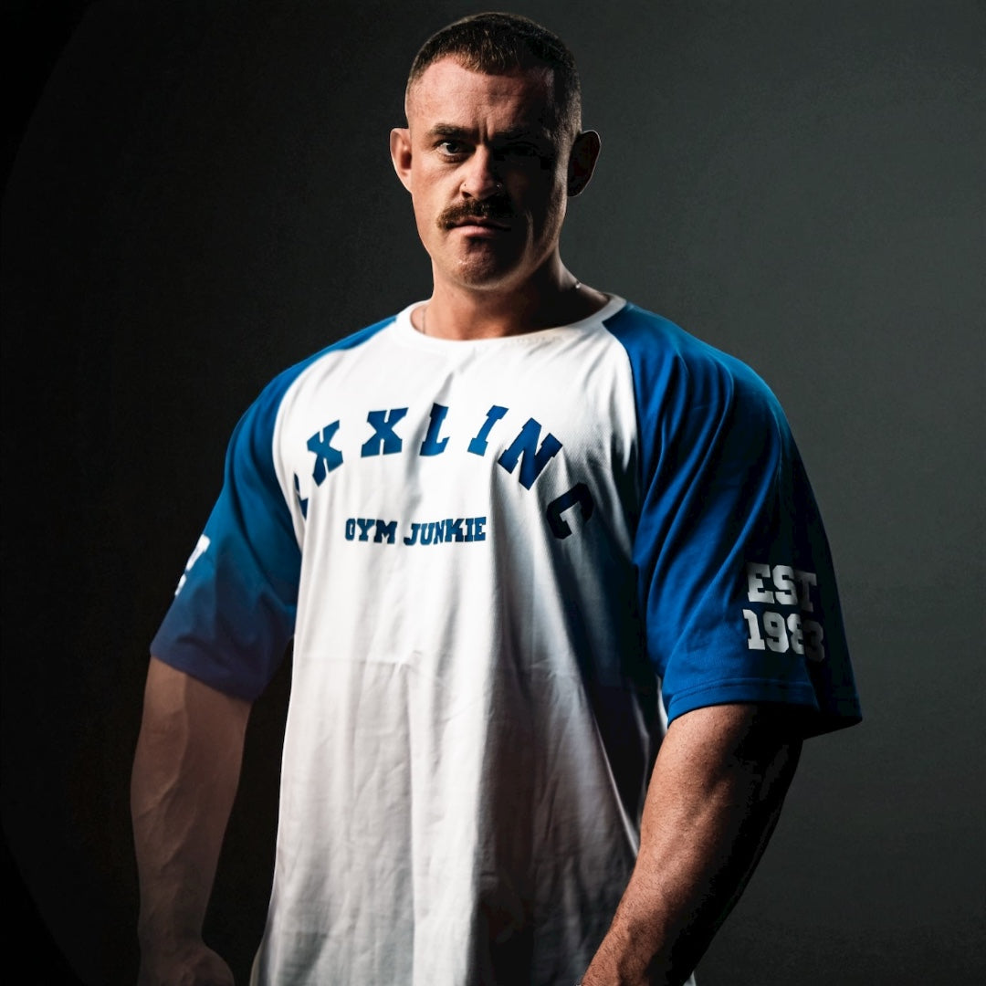 "GYM JUNKIE " Old School Varsity Ragtop - Blue/White