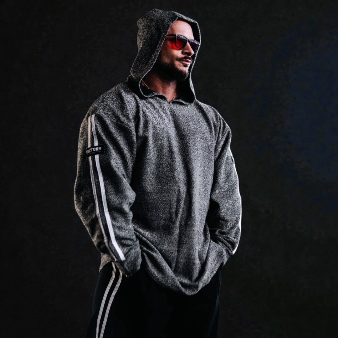 "Victory" 2 stripe Towelling Hoodie - Grey fleck