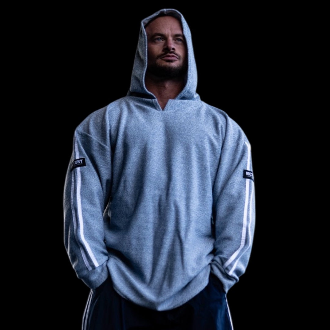 "Victory" 2 stripe Towelling Hoodie - Blue fleck