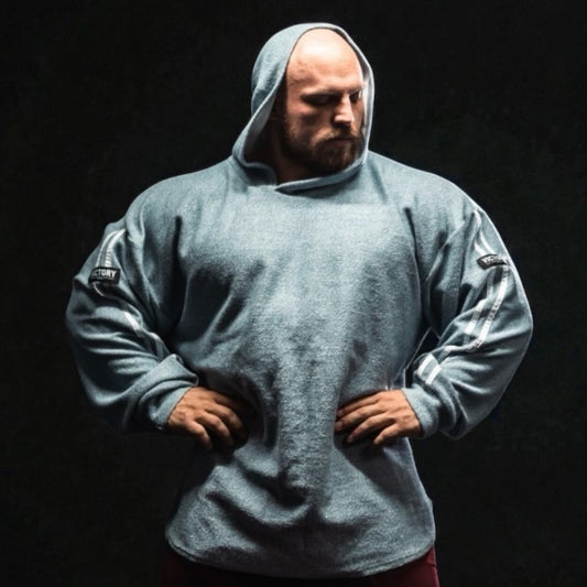 "Victory" 2 stripe Towelling Hoodie - Blue fleck