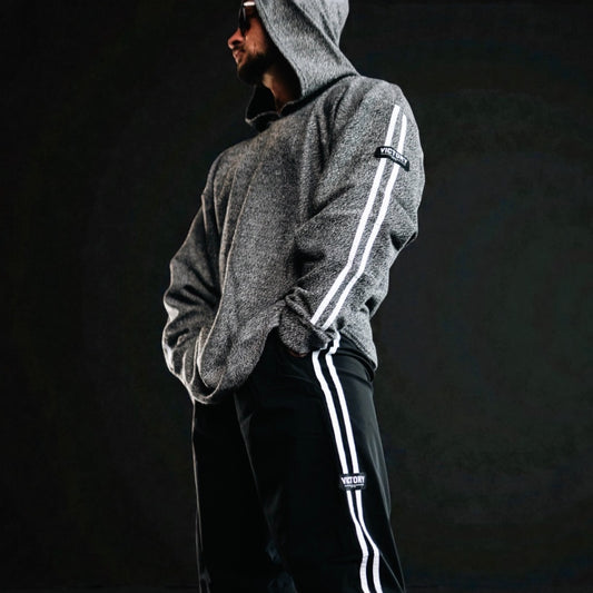 "Victory" 2 stripe Towelling Hoodie - Grey fleck
