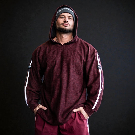 "Victory" 2 stripe Towelling Hoodie - Burgundy fleck