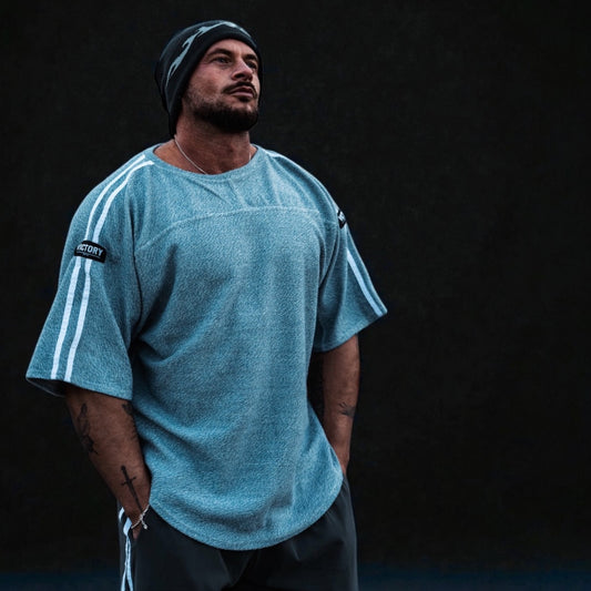 "Victory" 2 stripe Towelling Rag Top - Blue Fleck