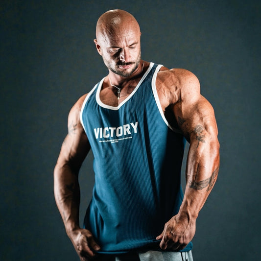 "Victory" 100% Cotton Box Cut Tank - Petrol Blue