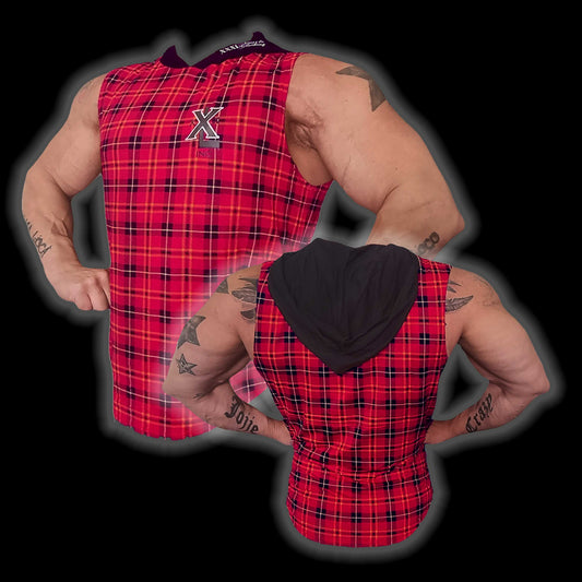 Hooded Muscle Cut T - Red/Yellow Plaid