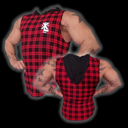 Hooded Muscle Cut T - Red/Black Plaid
