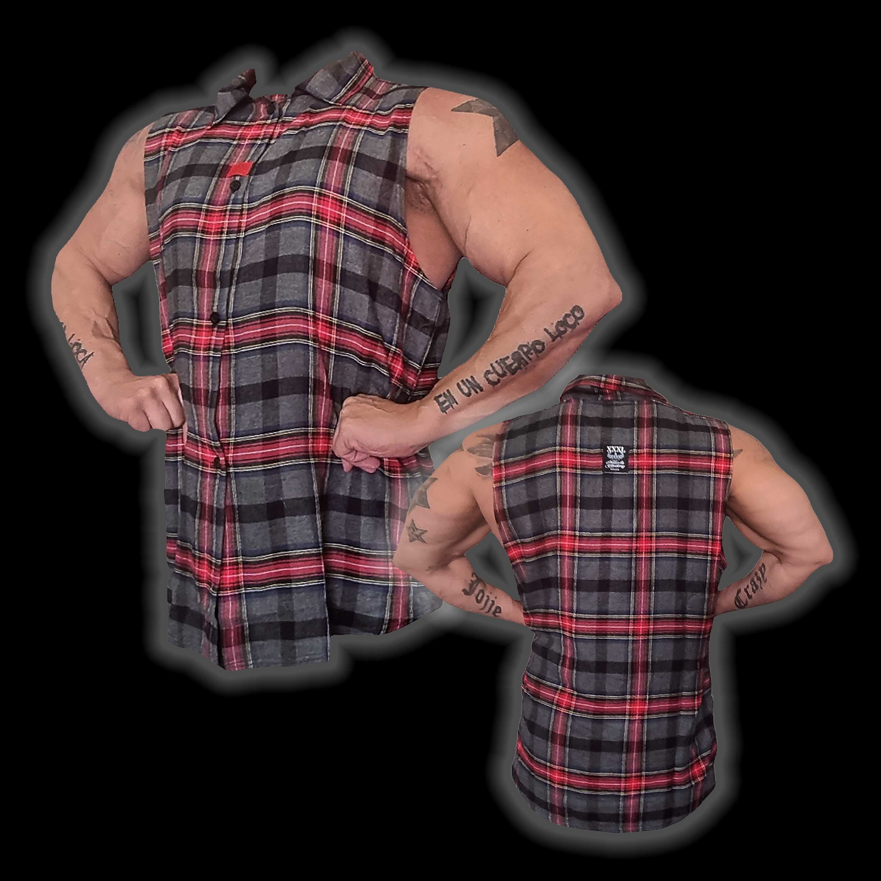 "Woven Badged" Oversized Sleeveless Muscle Shirt- Grey/Red Plaid